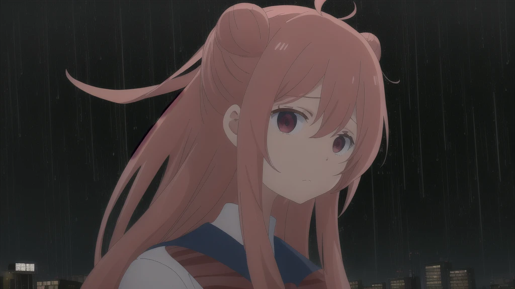 masterpiece, best quality, city background, rainy, 1girl, solo, upper body, bow, serafuku, satou, emotionless, expressionless, anime wallpaper 4k, detailed background, detailed hair