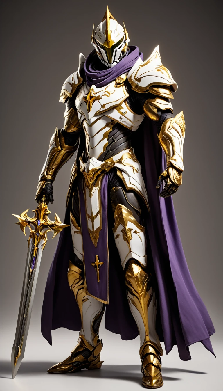 Masterpieces, male, Holy White Knight, Action style shot, (Battle Priest in a warframe and halo style armor with a sword with a cross), (Purple white and gold color scheme), (white hood and cape), (action shot: holding sword), white and gold tabard (solid color background), centered, full body shot fighting, sci-fi knight, Halo master chief, vibrant colors, visible figure joints, cinematic shot, volumetric lighting, intricate pattern detail, highly detailed