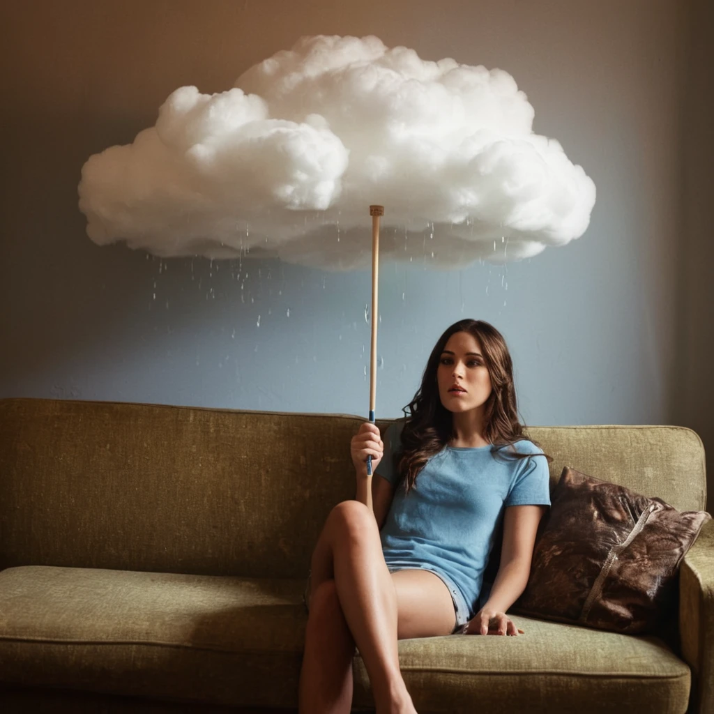 cinematic film still of  Juxtaposition of a woman sitting on a couch holding an umbrella with foamy cloud rain above,1girl,solo,long hair brunette hair,sitting,indoors,window,umbrella,couch,rain,realistic,ruins Juxtaposition,artistic,photography,dramatic light,dramatic shadow light,contrast,saturated color,cinematic,filmic,photographic,realistic,realism,perfection,perfect,Juxtaposed,opposite,different things,side by side,syncretism,antithesis,Juxtaposition style,ruins , creative, photorealism, hyperrealism, Fine art photography style, Fine art cinematic photography style, shallow depth of field, vignette, highly detailed, high budget, bokeh, cinemascope, moody, epic, gorgeous, film grain, grainy