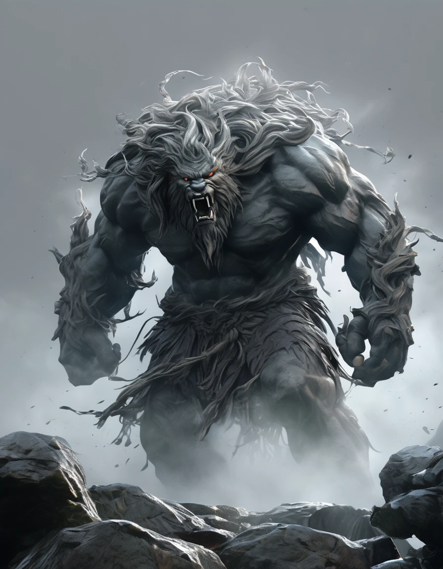 masterpiece，Cool magical creatures，Stone giant，Roar，???????? and cruelty，majestic，petrified skin，Thick limbs，在丛林中穿梭struggle，struggle，Random light and shadow，Glowing special effects minimalist style，mist，（Full body portrait:1.4），European and American fantasy style，perfect，，emphasize，Bright and colorful shades，Ink background，OC Renderer，Best image quality，high resolution，Dynamic perspective