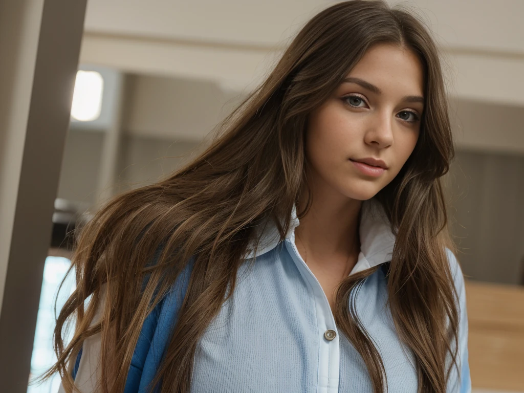 Beautiful light brunette with blue eyes, straight long wavy hair, charismatic athlete's body, full body