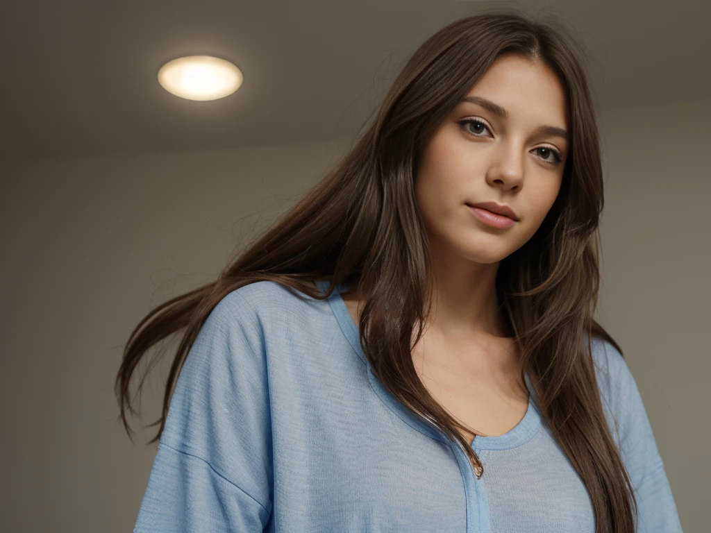 Beautiful light brunette with blue eyes, straight long wavy hair, charismatic athlete's body, full body