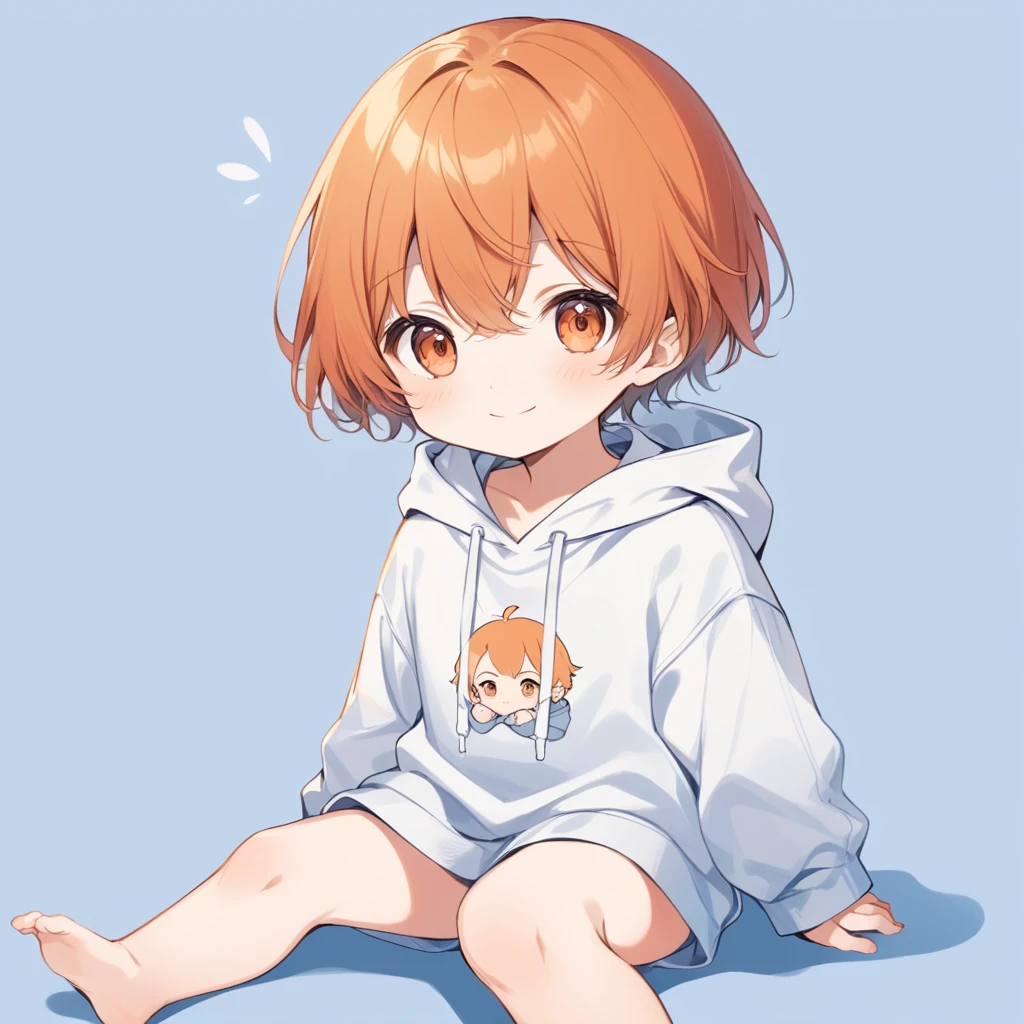 Orange Hair, Orange eyes,Short Hair,smile, a bit,  hoodie,maleの子一人,a bitキャラ,anime,whole body,mini,Sitting,male,半袖のhoodie,小さいmaleの子,