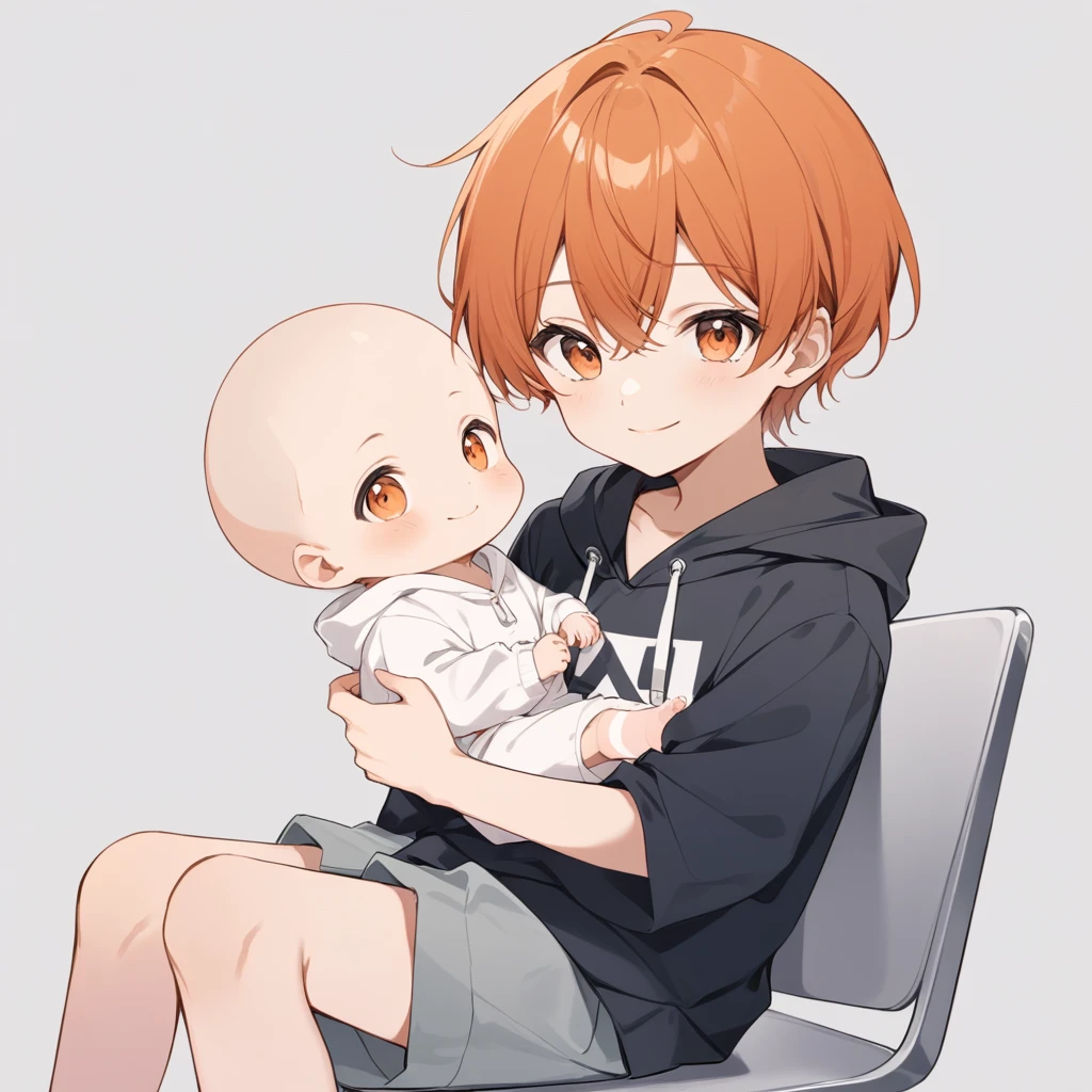 Orange Hair, Orange eyes,Short Hair,smile, a bit, hoodie,maleの子一人,a bitキャラ,anime,whole body,mini,Sitting,male,半袖のhoodie,小さいmaleの子,