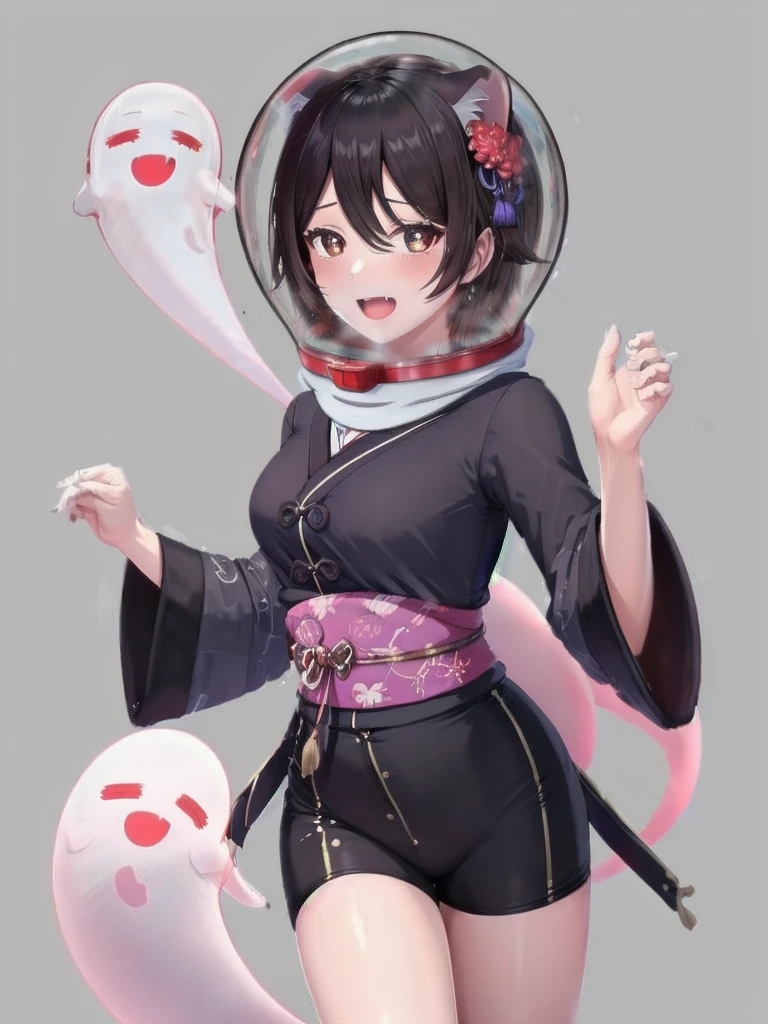 {{masterpiece:1.2, best quality:1.3,masterpiece, extremely fine and beautiful:1.5,highly detailed:1.5}},1 cute girl,cute face,grin,surprised expression,embarrassed,open mouth,ponytail,from front,cloud,night,moon,cemetery,cat ears,horror,abstract,magical abstraction,masterpiece, extremely fine and beautiful,masterpiece,highly detailed,japanese,yukata,Running away at a dash,fang,((Ghost:1.5)),Eyes closed,With hands up,y,,space helmet, bubble helmet (hutaodef, short hair