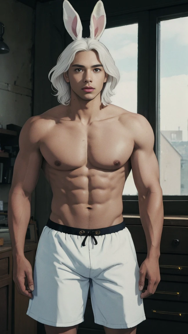 black skinned man with white wavy hair with rabbit ear head accessory a visibly fit athletic body shirtless with black underwear , Masterpiece artwork