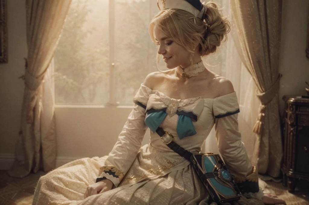 A young girl in realistic portrait of high quality and detail, movie style, Barbara (Genshin Impact), a young girl of petite build with blond hair gathered in two ponytails and blue eyes. She is dressed in a white off-the-shoulder dress decorated with gold embroidery and a dark blue petticoat with the same color lapels on the sleeves. The bodice of the dress is decorated with a sea-green bow. The outfit is complemented by white tights, white shoes with black lacing, blue ruffles and a black block heel and a separate collar. On her head she wears a white and blue cap with a gold cross, similar to a nurse's headdress. Barbara also carries a spell book with a blue cover, decorated with gold and a cross keychain. She attaches it to a black leather sling with a gold buckle. light and peaceful atmosphere, glow, eye shadow, 1girl, Depth & Perspective, smiling on her face, fine face, She sitting on chair in the living room, crossed legs, indoors, sunlight from stained glass windows, looking at viewer, (ultra-high detail:1.2), Masterpiece, Best Quality, Ultra-detailed, Cinematic lighting, 8K, delicate features, cinematic, 35 mm lens, f/1.9, highlight lighting, global lighting –uplight –v 4, cinematic, Cinematic lighting, 8K, high quality, Highest Quality, (Solo Focus), (extremly intricate:1.3), (Realistic), masterful, Analog style, (Film grain:1.5), (warm hue, cold tone), 