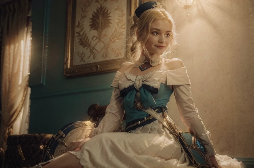 A young girl in realistic portrait of high quality and detail, movie style, Barbara (Genshin Impact), a young girl of petite build with blond hair gathered in two ponytails and blue eyes. She is dressed in a white off-the-shoulder dress decorated with gold embroidery and a dark blue petticoat with the same color lapels on the sleeves. The bodice of the dress is decorated with a sea-green bow. The outfit is complemented by white tights, white shoes with black lacing, blue ruffles and a black block heel and a separate collar. On her head she wears a white and blue cap with a gold cross, similar to a nurse's headdress. Barbara also carries a spell book with a blue cover, decorated with gold and a cross keychain. She attaches it to a black leather sling with a gold buckle. light and peaceful atmosphere, glow, eye shadow, 1girl, Depth & Perspective, smiling on her face, fine face, She sitting on chair in the living room, crossed legs, indoors, sunlight from stained glass windows, looking at viewer, (ultra-high detail:1.2), Masterpiece, Best Quality, Ultra-detailed, Cinematic lighting, 8K, delicate features, cinematic, 35 mm lens, f/1.9, highlight lighting, global lighting –uplight –v 4, cinematic, Cinematic lighting, 8K, high quality, Highest Quality, (Solo Focus), (extremly intricate:1.3), (Realistic), masterful, Analog style, (Film grain:1.5), (warm hue, cold tone), 