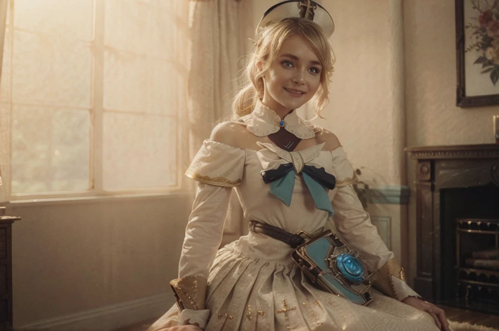 A young girl in realistic portrait of high quality and detail, movie style, Barbara (Genshin Impact), a young girl of petite build with blond hair gathered in two ponytails and blue eyes. She is dressed in a white off-the-shoulder dress decorated with gold embroidery and a dark blue petticoat with the same color lapels on the sleeves. The bodice of the dress is decorated with a sea-green bow. The outfit is complemented by white tights, white shoes with black lacing, blue ruffles and a black block heel and a separate collar. On her head she wears a white and blue cap with a gold cross, similar to a nurse's headdress. Barbara also carries a spell book with a blue cover, decorated with gold and a cross keychain. She attaches it to a black leather sling with a gold buckle. light and peaceful atmosphere, glow, eye shadow, 1girl, Depth & Perspective, smiling on her face, fine face, She sitting on chair in the living room, crossed legs, indoors, sunlight from stained glass windows, looking at viewer, (ultra-high detail:1.2), Masterpiece, Best Quality, Ultra-detailed, Cinematic lighting, 8K, delicate features, cinematic, 35 mm lens, f/1.9, highlight lighting, global lighting –uplight –v 4, cinematic, Cinematic lighting, 8K, high quality, Highest Quality, (Solo Focus), (extremly intricate:1.3), (Realistic), masterful, Analog style, (Film grain:1.5), (warm hue, cold tone), 