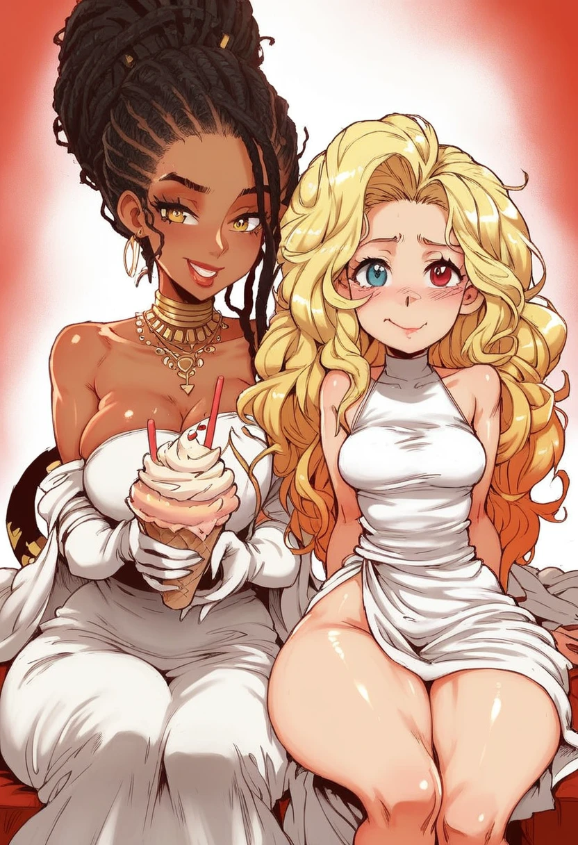 (BENGUS,Edayan,luster berry,  falcoon):1.2, (hyper-defined art, anime coloring, best quality, hyper-hdr, 8k uhd,  hyper absurdres, (raw sensuality, black woman, black and red striped  thick scorpion tail, , sitting in a  ice cream parlor,  dreadlocks,  headphones,impossibly beautiful african-caribbean features, red and brown heterochromia eyes, sitting,  licking ice cream, backless, sleeveless dress,  thigh lace clogs),  (very dark skin,  voluptuous, curvy, strong, shortstack, black hair, soft face, small wide nose, firm medium breast, curvy hips,  wide hips),hyper aesthetic, hyper-detailed  background), Lusterise, ,({Hyper stylistic, sharp gradients, deep highlights, hyper exposure,  hyper detailed smooth textures),  perfect hands,  hyper perfect , perfect eyes, perfect anatomy, perfect  physiques, amazing skin, hyper-detailed eyes,  hyper-detailed features, salaciously smiling, dynamism,   dynamic lighting, dynamic shading, sensual shadowing,  sensual atmosphere 