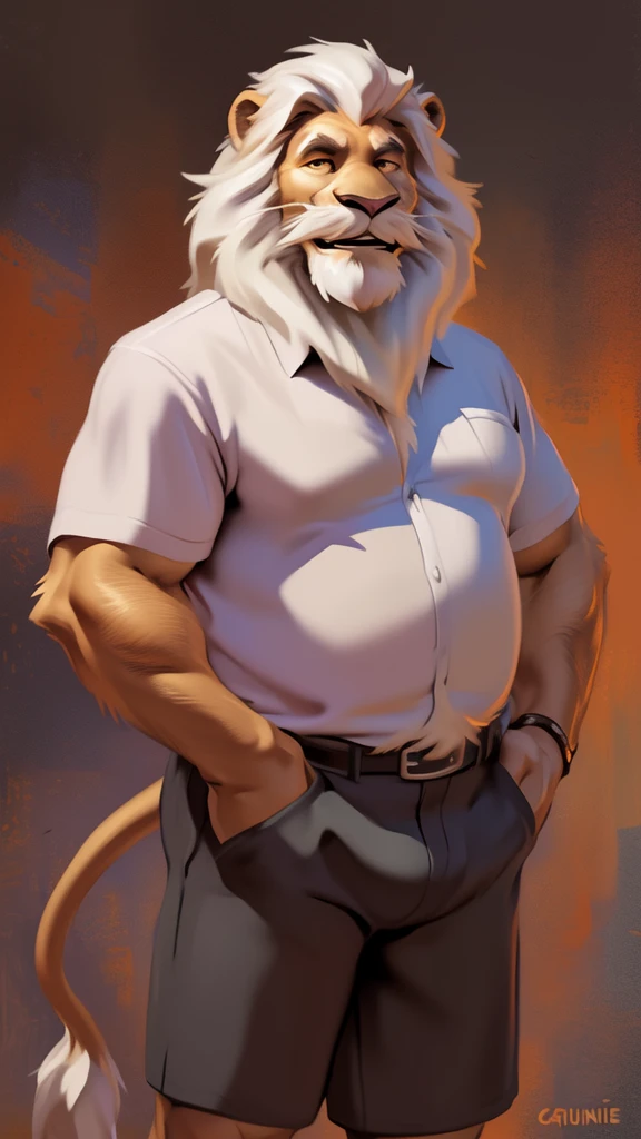 by chunie by catsudon by retros, male,ridiculuous,((mature,mature male)),((Bearded,mustache)), felid, solo, ((Lion,tail)),(white hair), facial hair, facing viewer, ((Highly detailed face)), (((Grandpa Figure))), ((smilling)), red and orange abstract background, ((white shirt)),((short pants)), smile, ((((wise)))),
