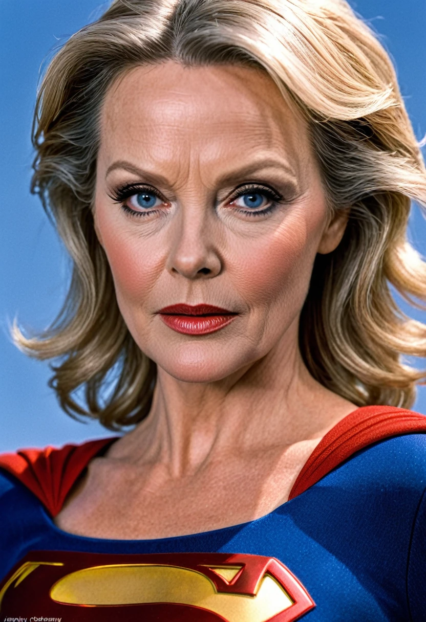 super old  Jean Smart Supergirl; HD. Photograph, ((realism)), extremely high quality RAW photograph, ultra detailed photograph, sharp focus, high resolution, (detailed skin:1,3),high quality, film grain, Fujifilm XT3,Highly Detailed, movie, (Cinematic Photo:1.3) of (Realistic:1.3), by John Byrne/Jerry Ordway