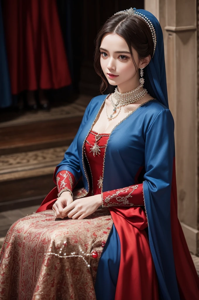 A red and blue medieval dress well detailed with pearls