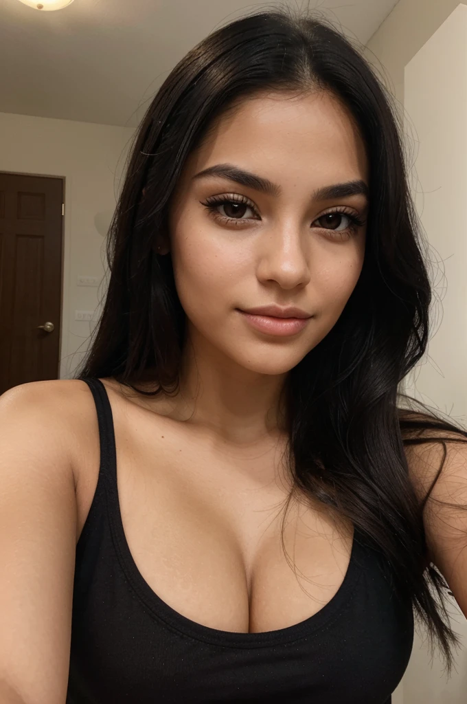 a magnificent young woman in her twenties, with Latino features. She has long, straight black hair that falls loosely over her shoulders. Her face has soft and balanced contours. She has large, well-defined dark brown eyes with long, thick eyelashes and well-arched black eyebrows. His nose is straight and slightly refined, proportionate to his face. Her lips are full and defined, with a natural color, and they are closed, contributing to her neutral expression. Her skin is matte, smooth and without visible imperfections. She is wearing a black t-shirt. She takes a selfie. She holds a credit card close to her body in her right hand.