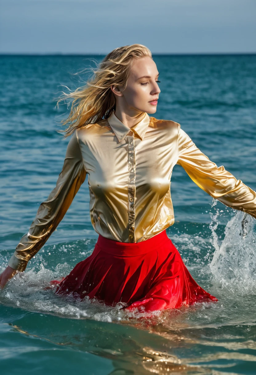 perfect photo of a beautiful blonde woman, (emerging out of water:1.3), wearing (wet golden satin shirt:1.2), long sleeves, (swimming in ocean), (head and shoulders out over water:1.4), partially submerged, (bra visible through shirt), red skirt, (wet hair:1,3), photographed on a Fujifilm XT3, 80mm F/1.7 prime lens, cinematic film still, cinestill 500T, highly detailed, masterpiece, highest quality, intricately detailed, HDR, 16k, uhd, photorealistic
