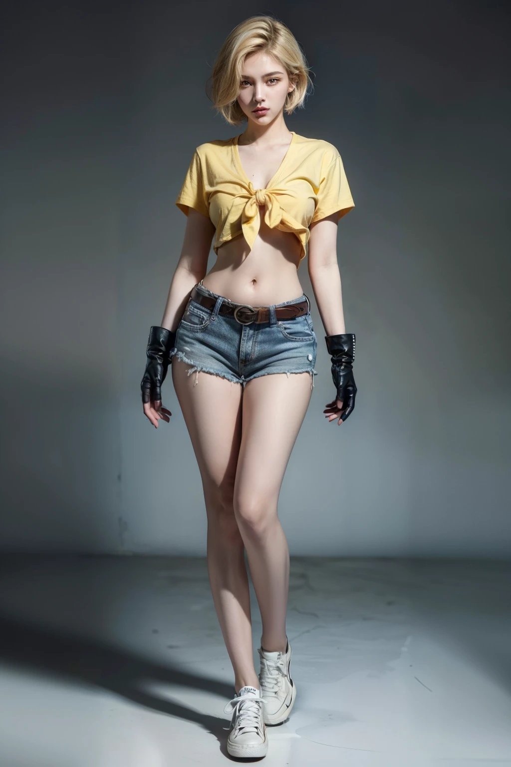 (RAW shooting, Photoreal:1.5, 8k, highest quality, masterpiece, ultra high resolution), perfect dynamic composition:1.2, Fight:1.2, Highly detailed skin and facial textures:1.2, 1girl:1,Caucasian:1,Glamourous female agent with a knife, beautiful and aesthetic:1.2, sexy beauty, perfect style, belief, Strong-willed, revenge, Fair skin, very beautiful face, (large breast:1.2,chest gap), (wearing a sexy casual clothes:1.2), (beautiful eyes, Eyes that feel beautiful eros:1.0), (Too erotic:0.9, Bewitching:0.9), (full body photo:2), (perfect limbs:1.2), (perfect fingers:1.2),(blonde hair, short hair cut style, yellow tied shirt, midriff, thigh holster, navel, belt, denim shorts, fingerless gloves, sneakers:1.2),(simple background:1),(knees together),(standing:2),