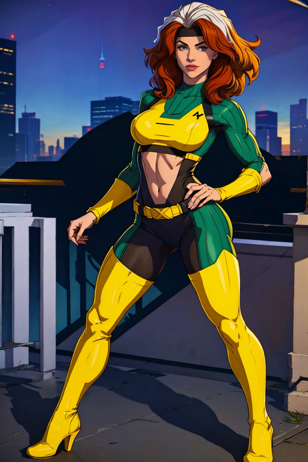 ((Full body photo, standing, feet on the floor)) (best quality,4k,8k,highres,masterpiece:1.2),ultra-detailed,(realistic,photorealistic,photo-realistic:1.37),full body shot,Rogue,X-Men,yellow thigh high boots,beauty pose, standing tall, show feet, outside, city rooftop at night, green headband