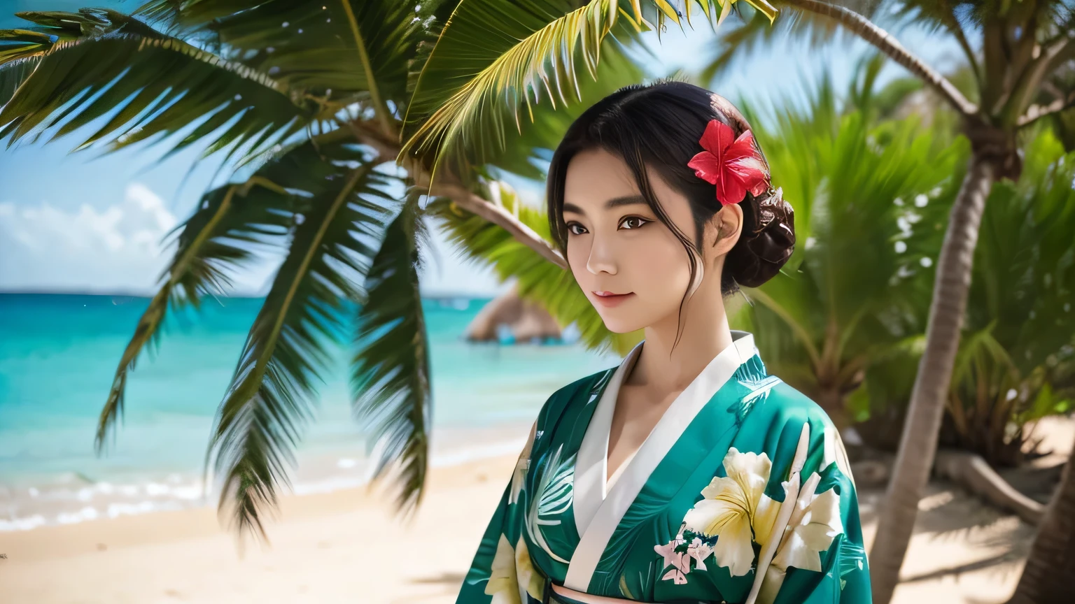 A woman in a kimono is standing in the shade of a palm tree with a tropical emerald green beach in the background, looking towards the camera.。Hibiscus hair ornament。