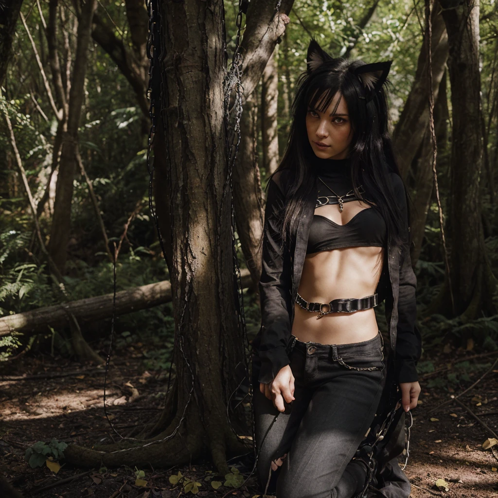 forest, catgirl, cat ears, tail with black fur, black cropped t-shirt adorned with medals and chains, black jeans adorned with chains and patches, beams of sunlight shining through the canopy, yellow eyes, calico fur, beautifully lit, insanely detailed, stunning environment