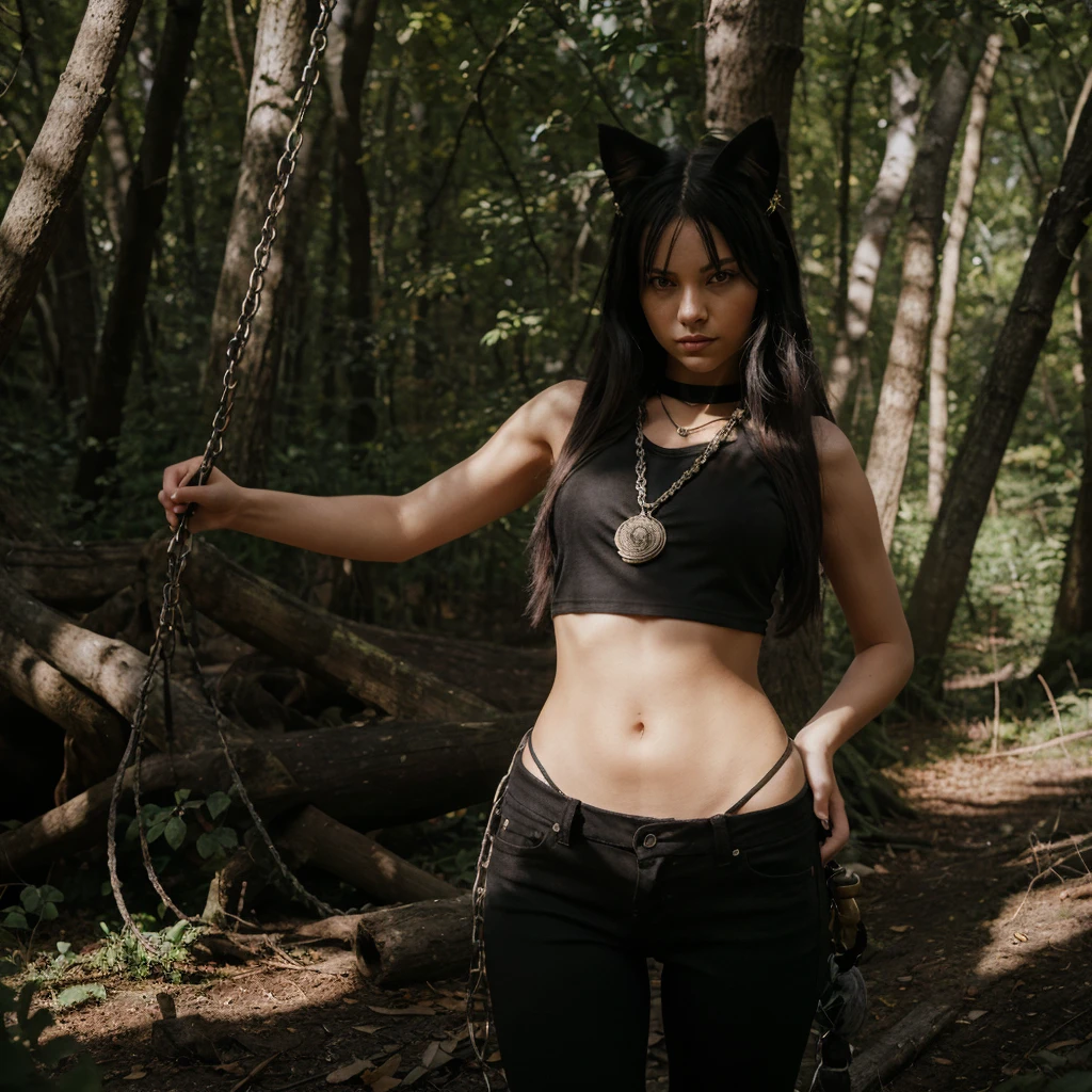 forest, catgirl, black cropped t-shirt adorned with medals and chains, black jeans adorned with chains and patches, beams of sunlight shining through the canopy, yellow eyes, calico fur, beautifully lit, insanely detailed, stunning environment