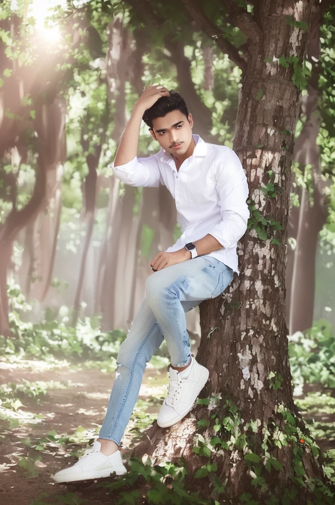 arafed man sitting on a tree in a park with his hand on his head, casual photography, modeling shoot, white shirt and blue jeans, casual pose, mohamed chahin style, with a cool pose, stylish pose, full body photogenic shot, white shirt and jeans, inspired by Bikash Bhattacharjee, modeling photography, sitting on a tree blur background