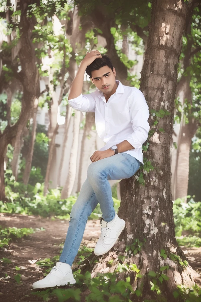 arafed man sitting on a tree in a park with his hand on his head, casual photography, modeling shoot, white shirt and blue jeans, casual pose, mohamed chahin style, with a cool pose, stylish pose, full body photogenic shot, white shirt and jeans, inspired by Bikash Bhattacharjee, modeling photography, sitting on a tree blur background