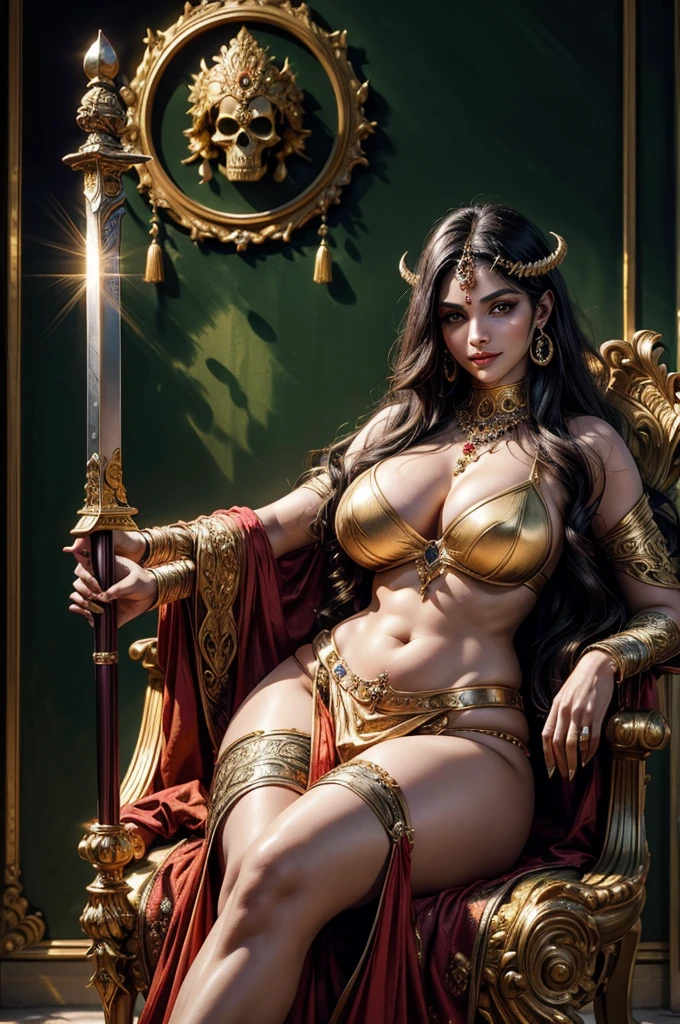 1 demoness, green skin, detailed face, beautiful eyes, intoxicating gaze, long flowing hair, smiling expression, crescent moon on forehead, curvy figure, big breasts, perspiring slightly, three folds of skin and fine hair below navel, seated on gold throne, wearing red garments and jewelry, holding skull in left hand and sword in right hand, acrylic on canvas, baroque style, inspired by Indian mythology, (best quality,4k,8k,highres,masterpiece:1.2),ultra-detailed,(realistic,photorealistic,photo-realistic:1.37),highly detailed description, by Peter Paul Reuben