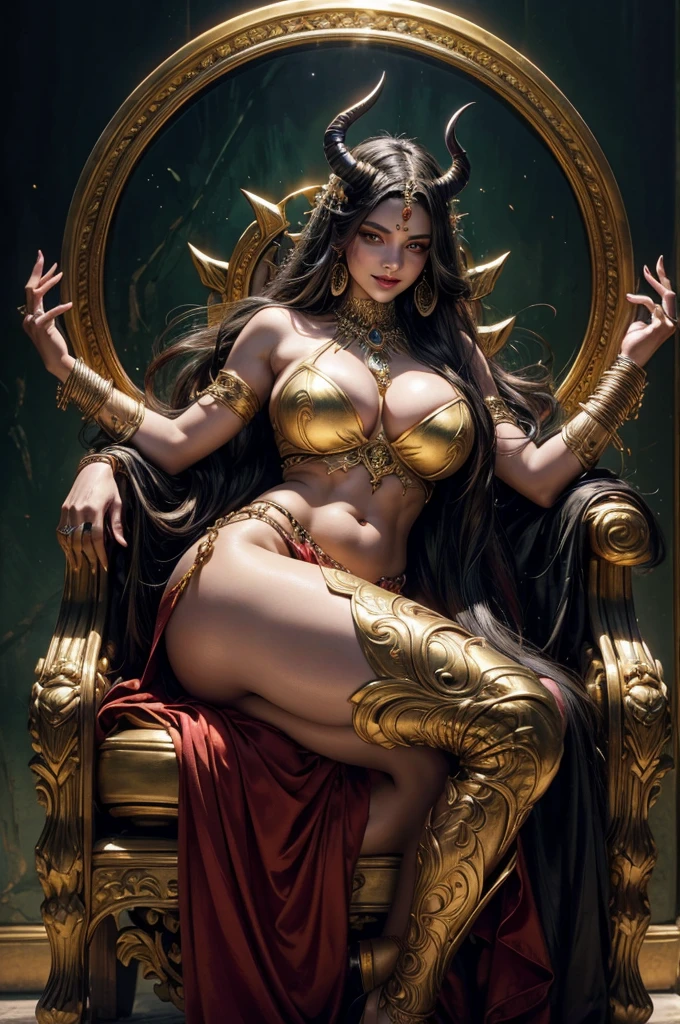 1 demoness, green skin, detailed face, beautiful eyes, intoxicating gaze, long flowing hair, smiling expression, crescent moon on forehead, curvy figure, big breasts, perspiring slightly, three folds of skin and fine hair below navel, seated on gold throne, wearing red garments and jewelry, holding skull in left hand and sword in right hand, acrylic on canvas, baroque style, inspired by Indian mythology, (best quality,4k,8k,highres,masterpiece:1.2),ultra-detailed,(realistic,photorealistic,photo-realistic:1.37),highly detailed description, by Peter Paul Reuben