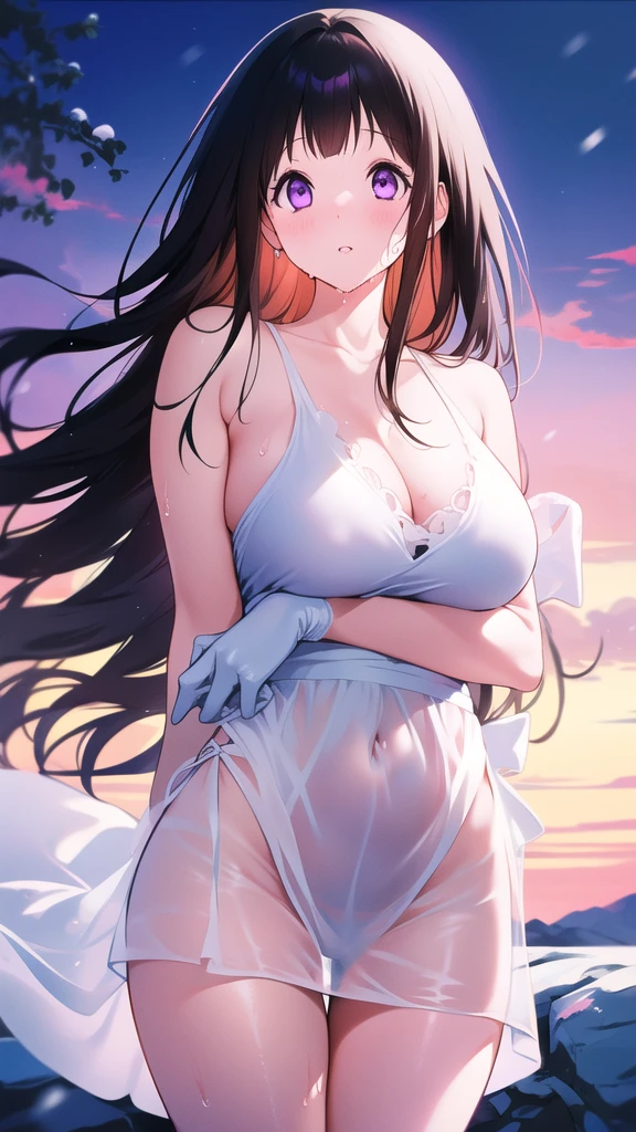 Amazing Chitanda, There is only one beautiful girl,Purple Eyes, Black Hair, Very red face,Very white skin,Glowing skin,Skin as delicate as porcelain,Naturally straight hair, Straight bangs,Extremely refined,Open lips,Long flowing hair,Beautiful Girl, Like a dream,Slim,Slim waist,Soft, (Sensual), (Kawaii), Dream quality,Beautiful big breasts,White transparent loose dress,Areola,Completely naked,Lower edge of breast,White gloves,Flower decoration,Deep V neckline,Loose neckline,Wide neckline,In school,The wind blows the hair,Place your hands on your inner thighs,Thighs clamp hands,Wet skin,Sweaty and sweaty,Sweating all over,On the snow,Back to,Hips,Side body,Gluteal groove,Completely naked的臀部,Bare back,Completely naked的背部,Light transmission,(no pants),nopan,pussy juice,Bare shoulders,There are no shoulder straps,Bare neck,Exposed collarbone,Exposing breasts,Exposing breasts侧面,Exposing breasts下面,Show your waist,Show your buttocks,Show your thighs,Exposing the groin,(No pants),extremely shy,Ultra-high resolution, (masterpiece:1.2, best quality), (Delicate and beautiful eyes: 1.2), (Beautiful and delicate face)