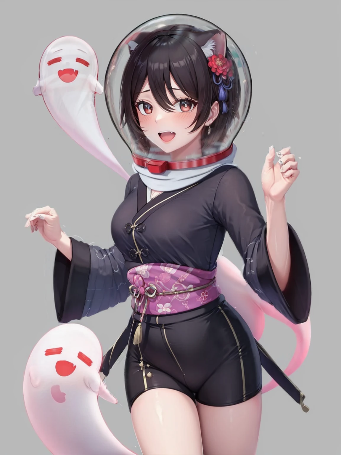 {{masterpiece:1.2, best quality:1.3,masterpiece, extremely fine and beautiful:1.5,highly detailed:1.5}},1 cute girl,cute face,grin,surprised expression,embarrassed,open mouth,ponytail,from front,cloud,night,moon,cemetery,cat ears,horror,abstract,magical abstraction,masterpiece, extremely fine and beautiful,masterpiece,highly detailed,japanese,yukata,Running away at a dash,fang,((Ghost:1.5)),Eyes closed,With hands up,y,,space helmet, bubble helmet (hutaodef, short hair