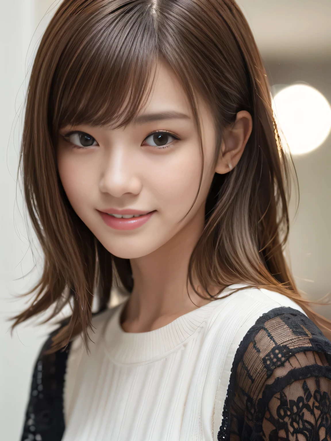 masterpiece, best quality, ultra-detailed, intricately detailed hyperdetailed, realistic, sharp features, highly detailed, sharp focus, (18 years old:1.3), Japanese Idol, perfect face, perfect symmetrically eyes, perfect full lips, hyper detailed, hyper realistic, high resolution, Fashion Model, Slender, Stylish, Realistic, Photorealistic:1.3, Beautiful Face, from above, POV shot, light brown hair, messy hair, asymmetrical bangs, Neat clothes, (smile), (white tops:1.2),