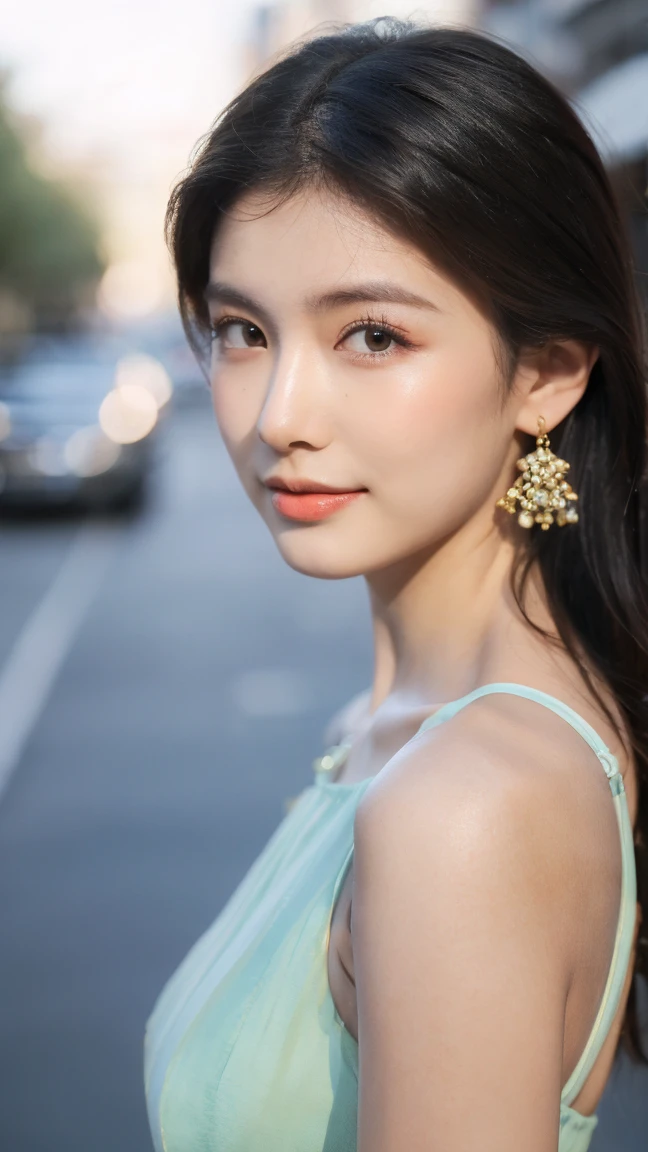 ((Best quality, 8K, masterpiece:1.3)),1girl,18 years old,Asian,Real texture:1.3,(Background blur:1.1),Gorgeous long dress,Tall and slender figure:1.2,(Hot summer weather),(street:1.3),Highly detailed face and skin textures,Exquisite eyes,Long eyelashes,Double eyelids,Skin Whitening,happy,Various postures,Big breasts