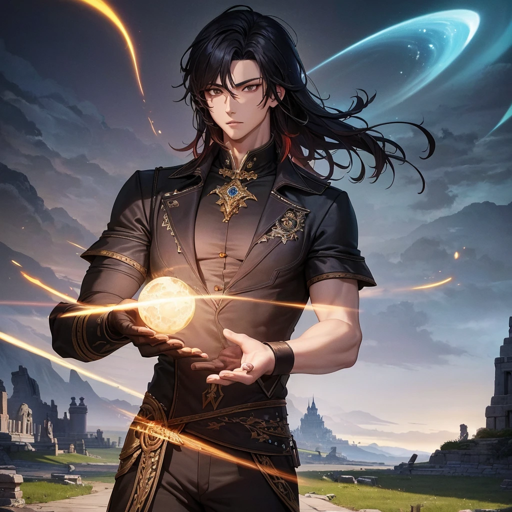 Yoo joonghyuk, omniscient reader's viewpoint, handsome young man, piercing gaze, flowing dark hair, confident expression, protective stance, fantasy landscape, rolling hills, ancient ruins, glowing magical energy, cinematic lighting, dramatic shadows, highly detailed, intricate texturing, vibrant colors, photorealistic, masterpiece