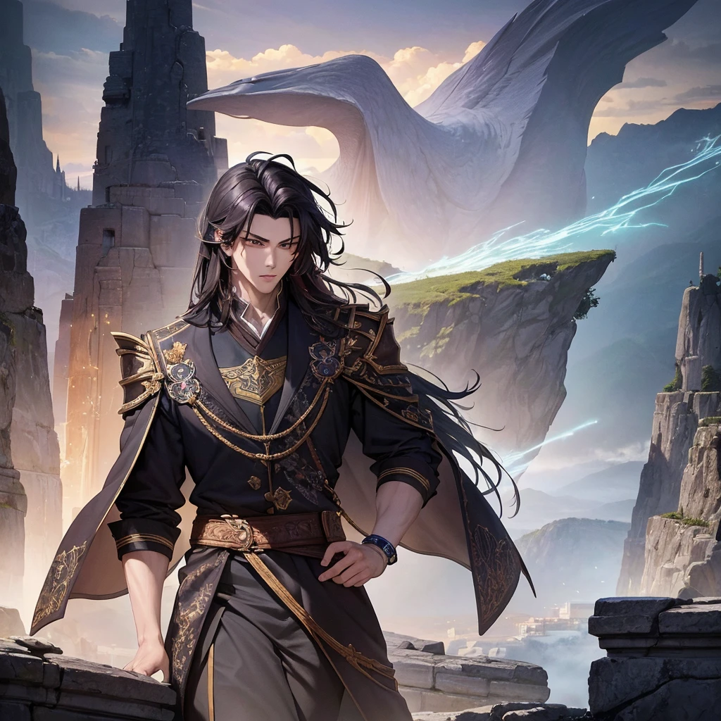 Yoo joonghyuk, omniscient reader's viewpoint, handsome young man, piercing gaze, flowing dark hair, confident expression, protective stance, fantasy landscape, rolling hills, ancient ruins, glowing magical energy, cinematic lighting, dramatic shadows, highly detailed, intricate texturing, vibrant colors, photorealistic, masterpiece