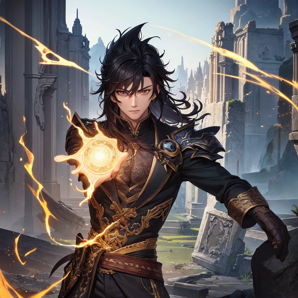 Yoo joonghyuk, omniscient reader's viewpoint, handsome young man, piercing gaze, flowing dark hair, confident expression, protective stance, fantasy landscape, rolling hills, ancient ruins, glowing magical energy, cinematic lighting, dramatic shadows, highly detailed, intricate texturing, vibrant colors, photorealistic, masterpiece