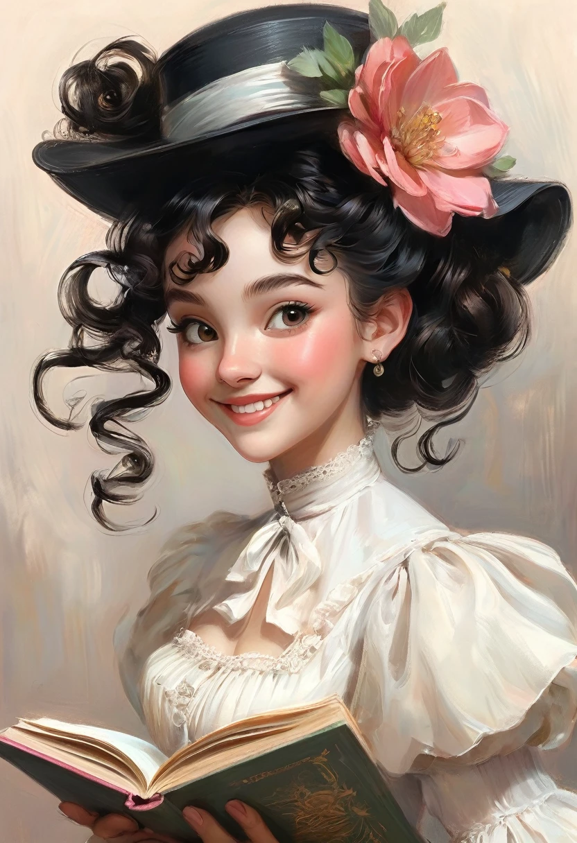 A colored pencil drawing of a pretty smiling happy victorian governess, curly black hair. Kind and inteligent, joyful energy. hair in bun, hat. book of poetry in hand. full features, round face
