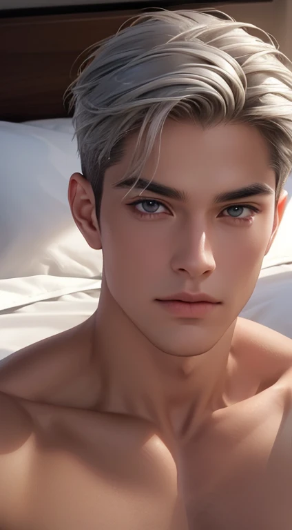 1 boy, handsome, tall and strong, perfect male figure, eyes looking at camera, (tanned skin:1.2), silver hair, serious expression, ray tracing, lying on bed, lay on bed, top view, (best quality,4k,8k,highres,masterpiece:1.2),ultra-detailed,(realistic,photorealistic,photo-realistic:1.37),studio lighting,ultra-fine painting,sharp focus,physically-based rendering,extreme detail description,professional,vivid colors,bokeh,portrait