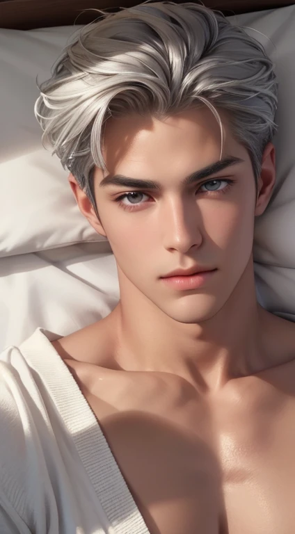 1 boy, handsome, tall and strong, perfect male figure, eyes looking at camera, (tanned skin:1.2), silver hair, serious expression, ray tracing, lying on bed, lay on bed, top view, (best quality,4k,8k,highres,masterpiece:1.2),ultra-detailed,(realistic,photorealistic,photo-realistic:1.37),studio lighting,ultra-fine painting,sharp focus,physically-based rendering,extreme detail description,professional,vivid colors,bokeh,portrait