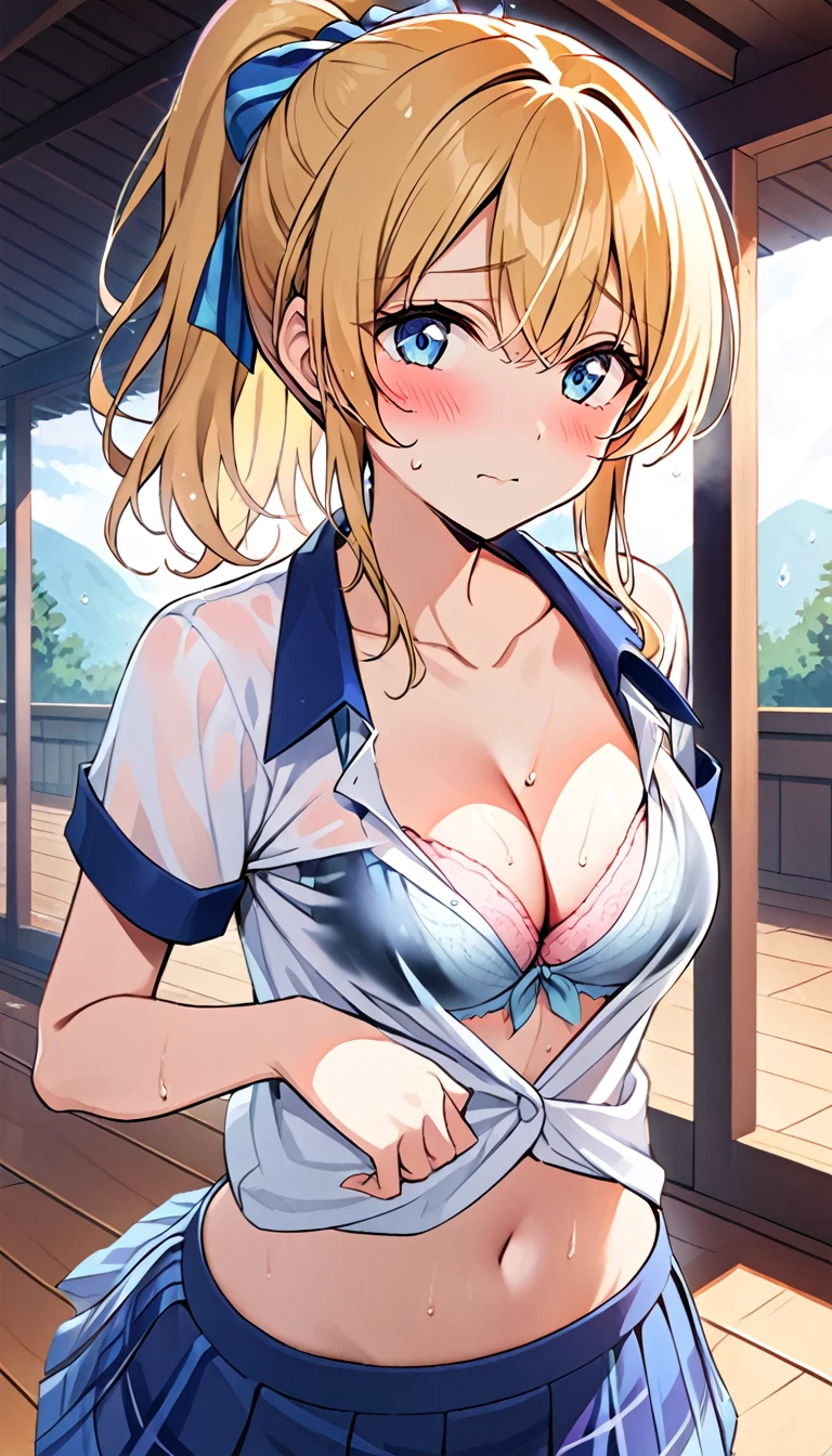 Masterpiece, (Highest resolution: 1.3), 8K, Wallpaper, Depth of field, (1 woman, long blonde hair in a ponytail, blue eyes: 1.5), (The wet summer Otonokizaka uniform does not turn over So, she's fully clothed and her top is long to her waist), (Bra showing through from under her wet summer Otonokizaka uniform: 1.3), ((closed mouth)), Sheltering from the rain under the roof, blushing, ((Medium breasts, cleavage)), (clavicle), (navel), (pleated skirt, short sleeves, looking at viewer), id_eli_ayase