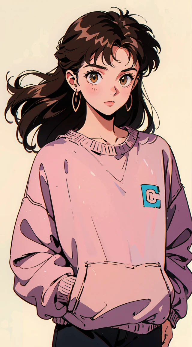 Best image quality, 1980s-style animation, 21 year old girl, Brown Hair, Long Hair, Light brown eyes, Wear a loose sweatshirt, whole body ,White background , Pause,