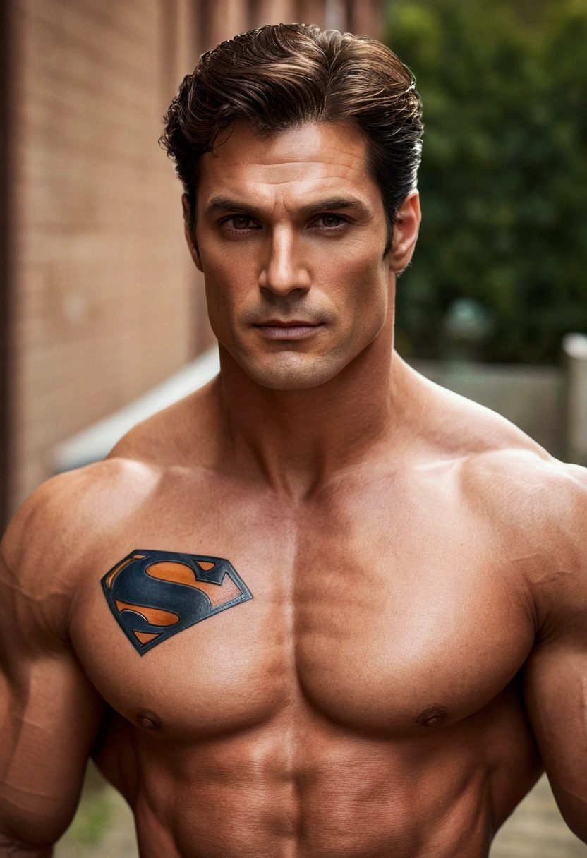 1 man, Beautiful eyes and face details, shirtless, nice body and defined muscles, best quality, brown hair, brown eyes, Close-up, toned body, (male model) warm skin, master piece, Best qualities, Older man beautiful in the world, tattoo with superman symbol,