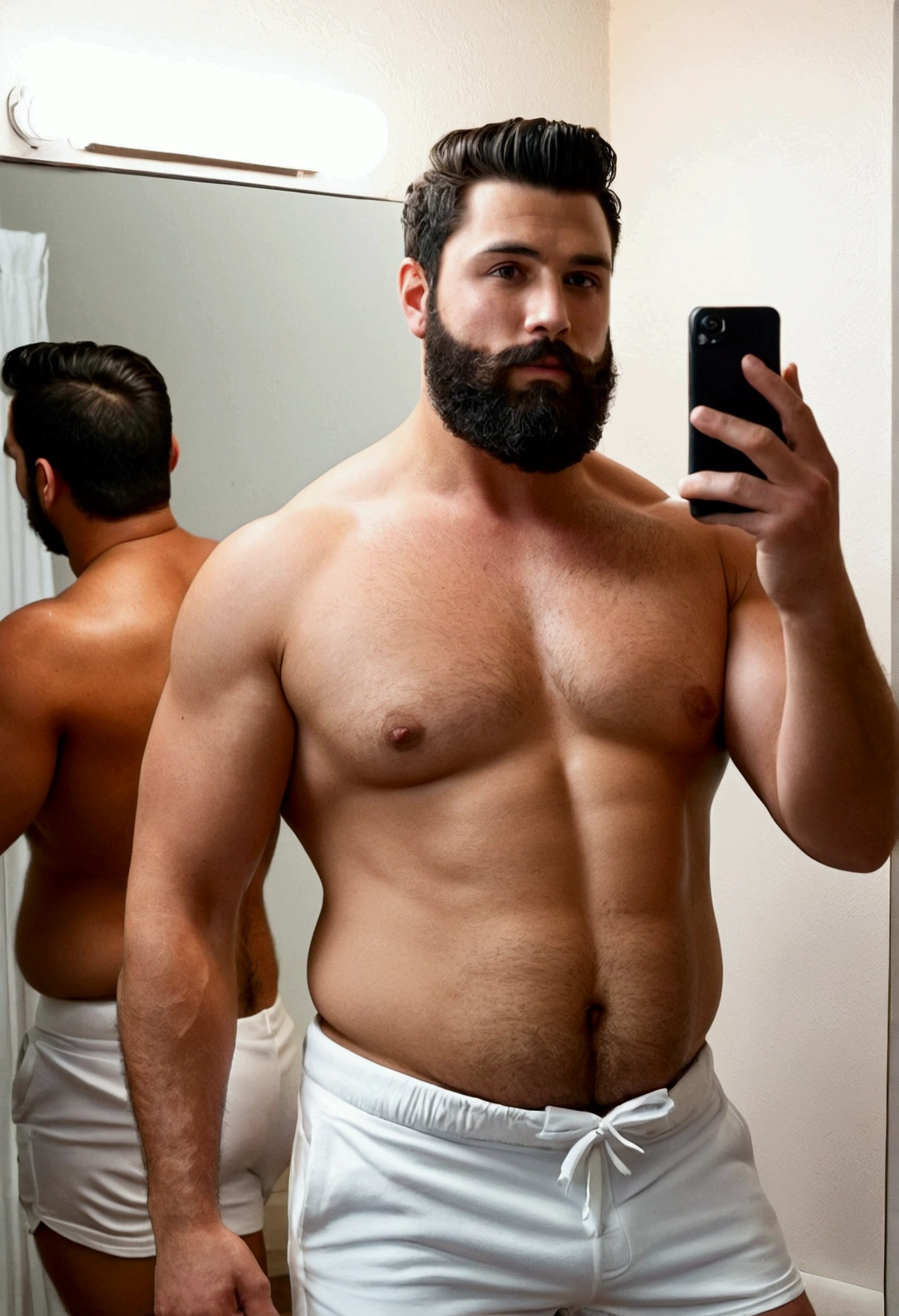 Muscular, broad-shouldered, black-haired, shaved-short beard, greased, overweight body, hairy body, white-skinned man wearing white shorts, taking a selfie in the mirror