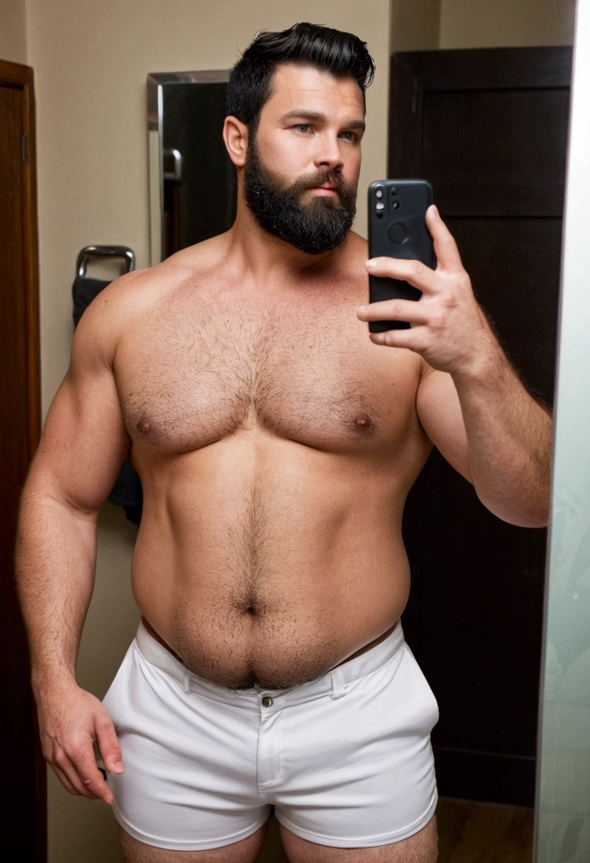 Muscular, broad-shouldered, black-haired, shaved-short beard, greased, overweight body, hairy body, white-skinned man wearing white shorts, taking a selfie in the mirror
