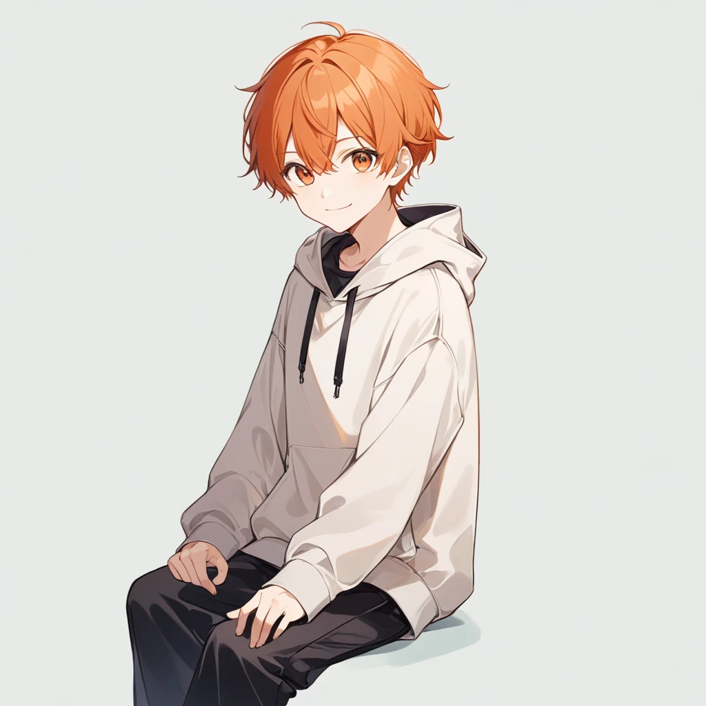 Orange Hair, Orange eyes,Short Hair,smile, a bit,  hoodie,maleの子一人,a bitキャラ,anime,whole body,mini,Sitting,male,半袖のhoodie,小さいmaleの子,a little 