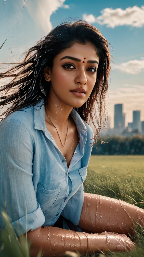 (best quality,4k,8k,highres,masterpiece:1.2),ultra-detailed,(realistic,photorealistic,photo-realistic:1.4), profesional photograph, natural light, ((portraits, a beautiful young indian nayanthara)), 28 years old, (wet button shirt:1.3), exposed her breast, seductive look, soft glow, elegant beauty, perfect face with soft skinice, detailed blue grey eyes, sexy pose, delicate skin texture, flowing messy hair, lustly expression, sexy posture, collarbone, naturally droopy breast, (sitting:1.2) , (grass field with skyline:1.3), subtle shadows, daylight and clouds background, shallow depth of field, foggy and greeney atmosphere, fine art photography, close up, (seen from below:1.3, low angle:1.3), facing forward, photon mapping,