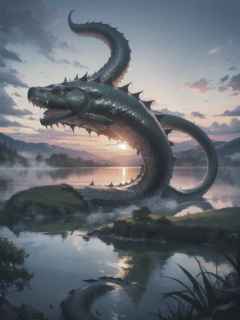 masterpiece, Superior image quality, High resolution, 4k image,photo and gross, photorealistic, view from below, giant snake, emerging from a lake, at night, atmosphere, fog