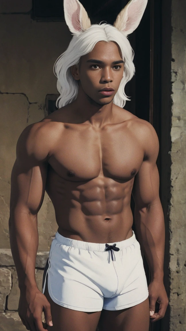 African black man with white wavy hair with rabbit ear head accessory a visibly fit athletic body shirtless with black underwear , Masterpiece artwork