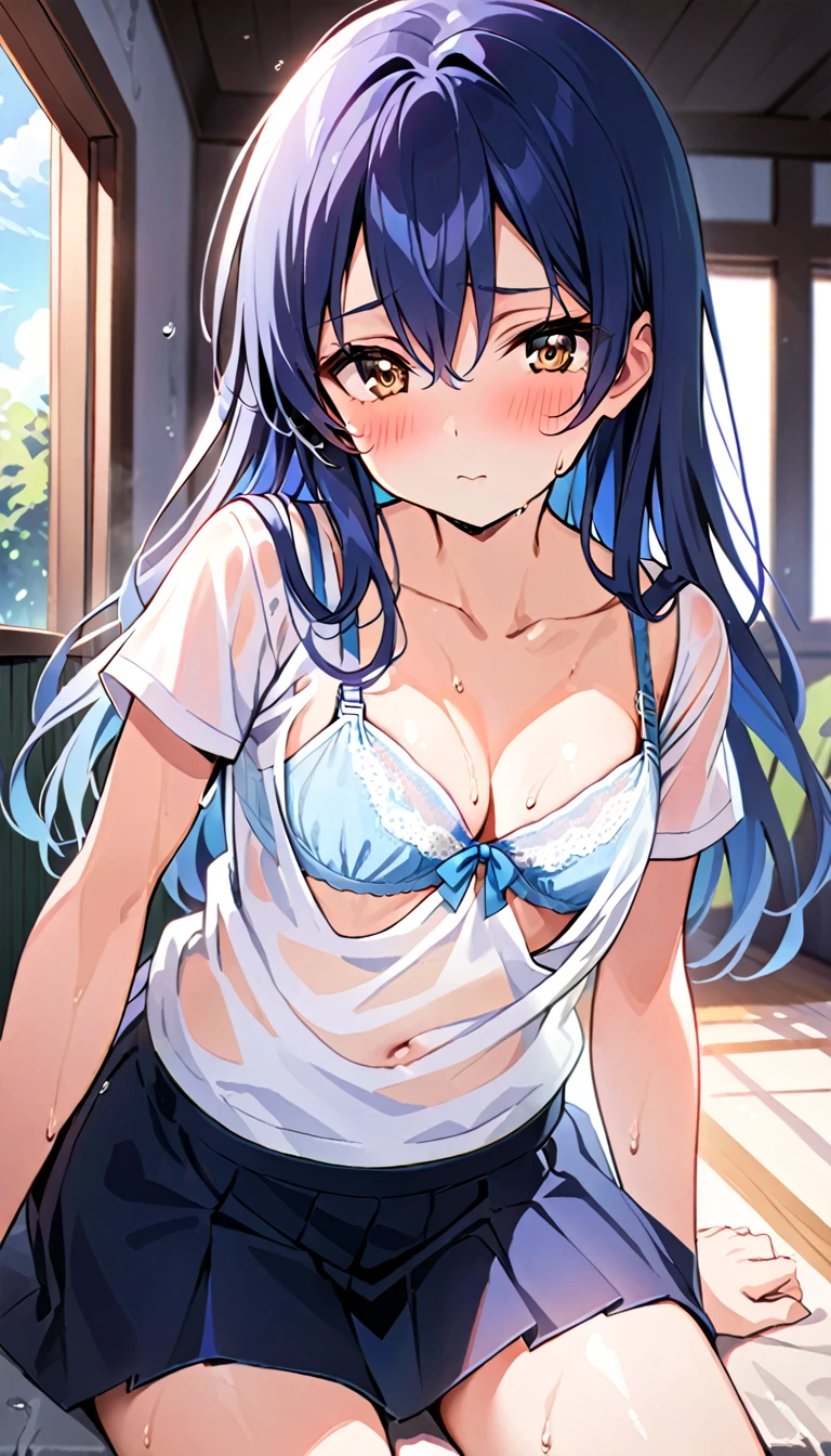 Masterpiece, (Highest resolution: 1.3), 8K, Wallpaper, Depth of field, (1 woman, long blue hair, yellow eyes: 1.5), (Wet), (Bra visible from under a fully worn shirt See-through: 1.3), ((closed mouth)), sheltering from the rain under the roof, blushing, ((small breasts, cleavage)), (clavicle), (belly button), pleated skirt, short sleeves, looking at viewer ), id_umi_sonoda