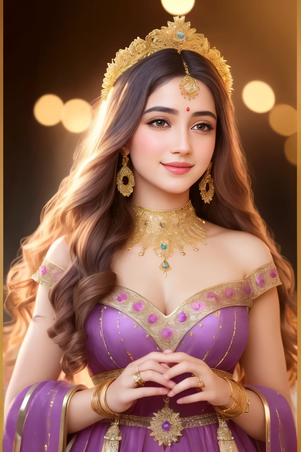 In the heart of the scene, the human embodiment of Aphrodite, the Greek goddess of love and beauty, graces the center stage. She is adorned in a lavish gown of pink and purple hues, each fiber shimmering under an ethereal glow. Her hair, a cascade of golden curls, flows like a river of sunlit waves around her. Her features are divine, a perfect blend of natural beauty and divine grace. Her eyes are deep pools of amber, filled with an enchanting smile that could effortlessly capture the hearts of all who lay eyes upon it. Surrounding her are the Greek gods, each in their traditional attire, and their presence