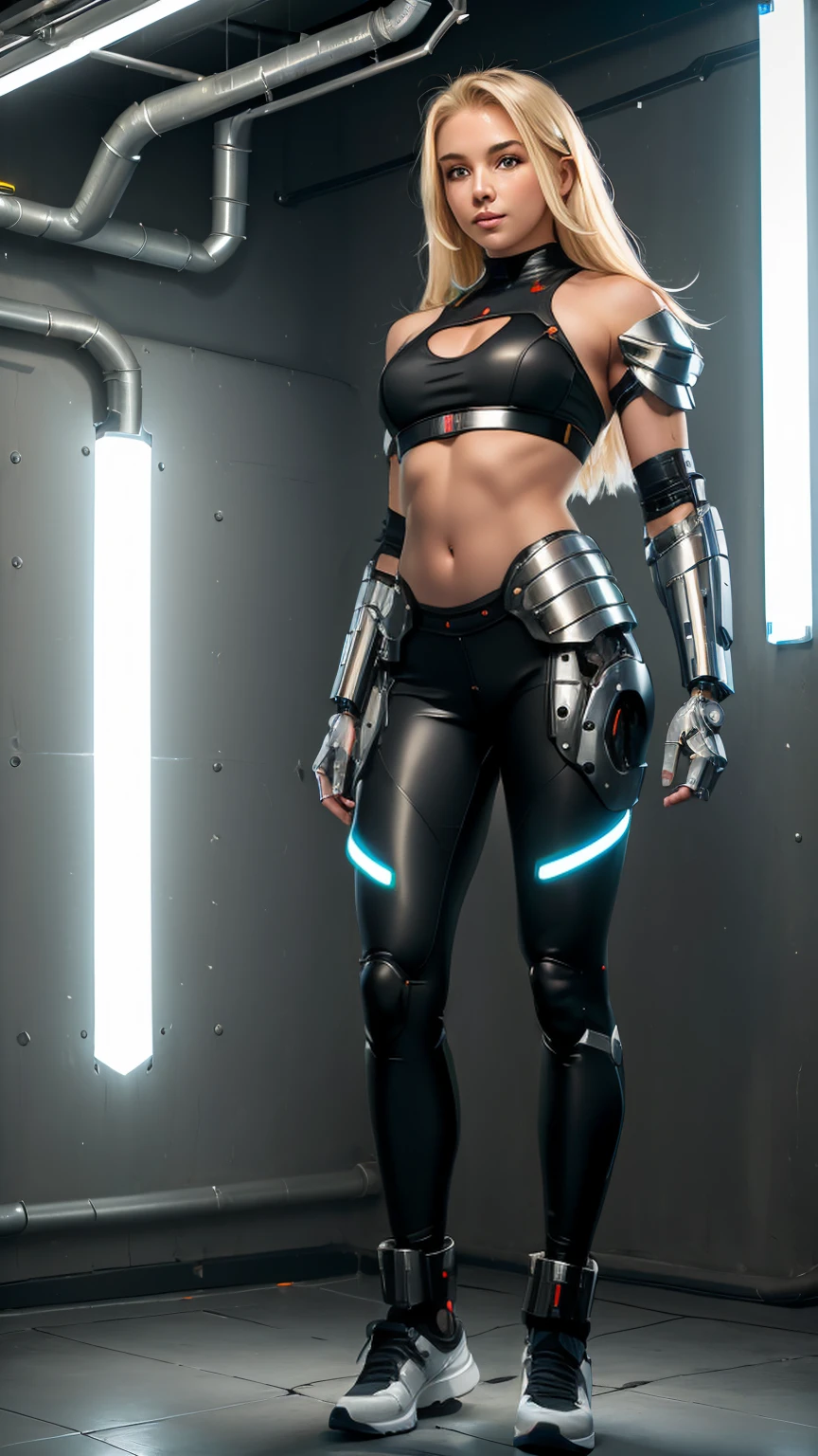 (((full body photo))), skimpy blonde cyborg woman, 19 years old, midriff, muscular, glowing cyborg implants, mechanical limbs